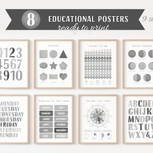 Ensemble d'affiches éducatives, 8 impressions d'école à la maison, décor de salle de classe Montessori, décor neutre pour enfants, décor de salle de jeux pour tout-petits, téléchargement numérique