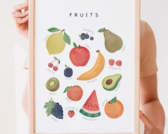 Fruits Educational Print, Classroom Decor, Watercolour Fruits Poster, Rainbow Fruits, Learning Poster, Montessori Nursery Poster