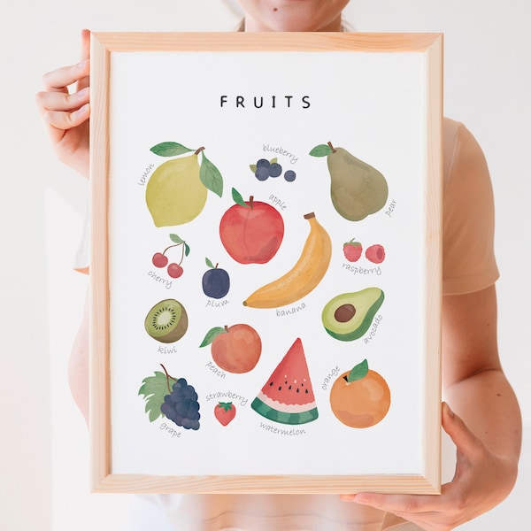 Fruits Educational Print, Classroom Decor, Watercolour Fruits Poster, Rainbow Fruits, Learning Poster, Montessori Nursery Poster