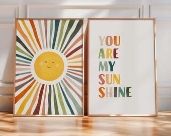 Juego de 2 láminas de arcoíris para sala de juegos, póster de sol para guardería, póster "Eres mi sol", póster de sol para guardería, decoración para habitación de bebé, descarga digital