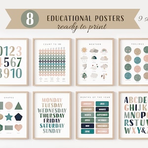 Ensemble d'affiches éducatives, 8 impressions d'école à la maison, décor de salle de classe Montessori, décor neutre pour enfants, décor de salle de jeux pour tout-petits, téléchargement numérique