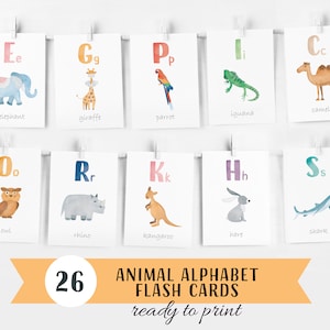 Cartes Flash à imprimer pour l’alphabet animal, Décor de classe, Ressources d’apprentissage préscolaire pour tout-petits, Décoration de la crèche, TÉLÉCHARGEMENT NUMÉRIQUE