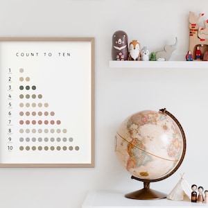 May include: A framed educational poster with the title "Count to Ten" and a colorful triangle of circles representing numbers 1 through 10. The poster is hanging on a white wall with a globe and wooden toys on a shelf below.