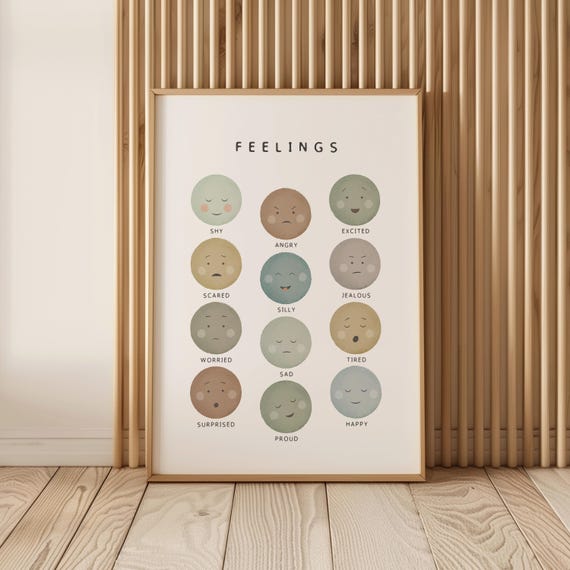 Feelings Chart Poster for Kids, Emotions Faces Art, Neutral Earth Tones Nursery Print, Social Emotional Learning Chart, Digital Download