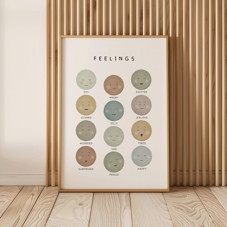 Feelings Chart Poster for Kids, Emotions Faces Art, Neutral Earth Tones Nursery Print, Social Emotional Learning Chart, Digital Download image 1