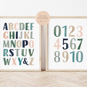 Lernposter, ABC Poster, Neutrale Zahlen Druck, Neutrale Wandkunst, Spielzimmer Dekor, digitaler Download