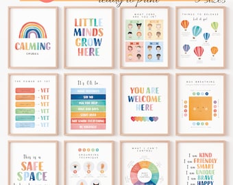12 Calming Corner Posters, Rainbow Classroom Decor, Emotional Self Regulation, Feelings Chart, Feelings Scale Poster, CBT, Digital Download