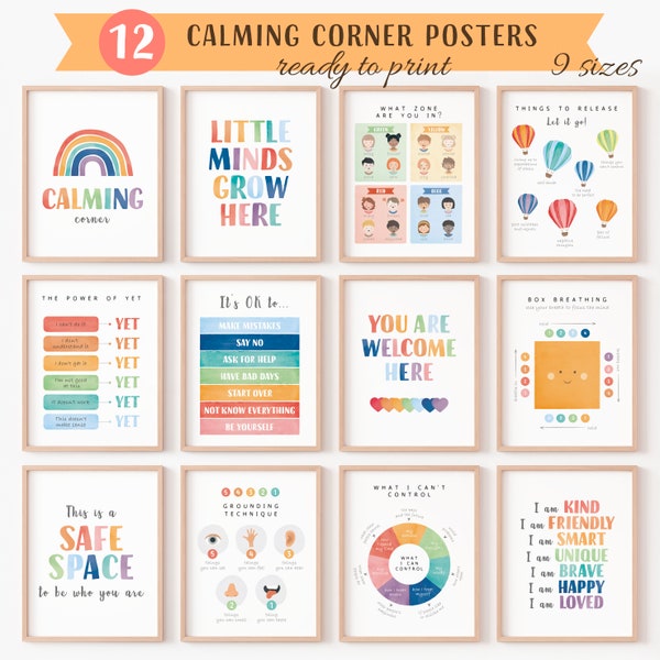 12 Calming Corner Poster, Regenbogen Klassenzimmer Dekor, emotionale Selbstregulierung, Gefühlstabelle, Gefühlsskala Poster, CBT, digitaler Download