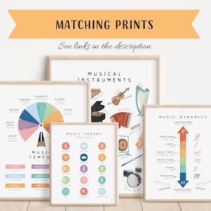 May include: Set of six printable posters for music education. The posters feature colorful illustrations of musical instruments, tempo, dynamics, and music theory terms. The posters are perfect for a classroom or home music studio.