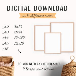 May include: Digital download of a printable art print in 9 different sizes: 8x10, 11x14, 16x20, 12x18, A2, A3, A4, A5, and A6. The image shows two empty frames on a white wall.