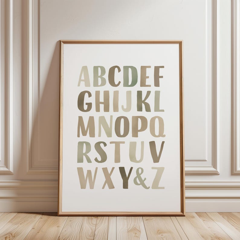 Educational Posters, Green Alphabet Poster, Watercolor Numbers Print, Playroom Posters, Nursery Wall Decor, Homeschooling, Digital Download