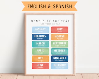 Bilingual Spanish Educational Poster, Playroom Educational Poster, English to Spanish, Spanish Classroom, Learning Poster, Digital Download