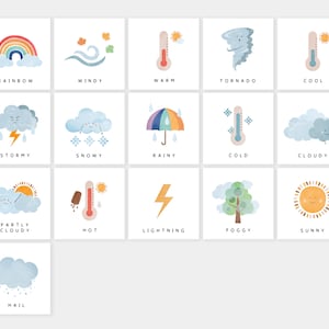 May include: A set of 15 illustrated cards depicting different weather conditions, including sunny, rainy, cloudy, stormy, windy, and snowy. Each card features a cartoon-style illustration and the name of the weather condition.