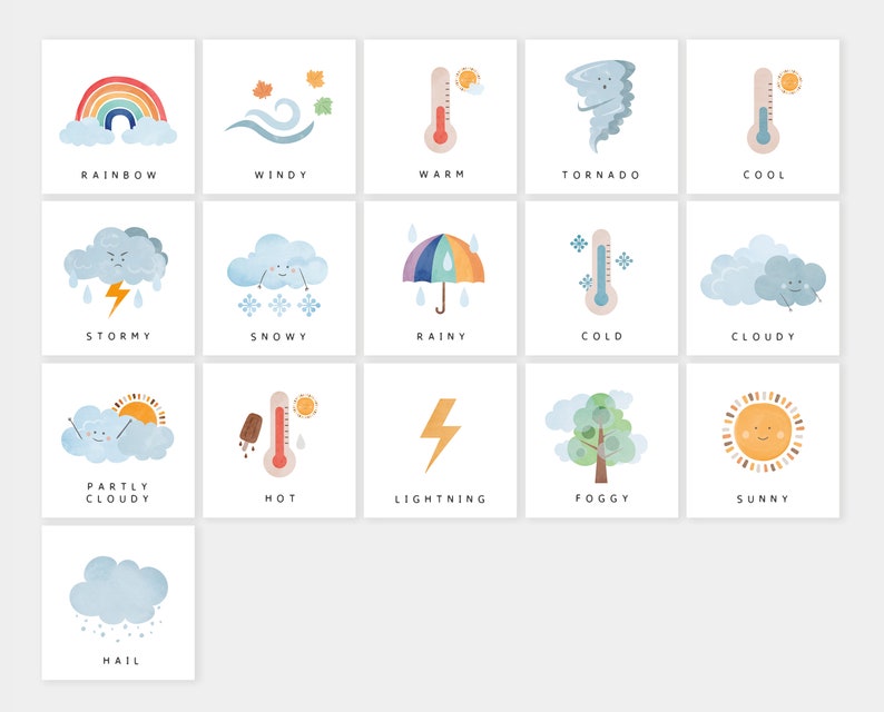 16 Weather Cards Montessori flashcards Pre-School Cards Rainbow Educational Printable Cards Instant Download image 5