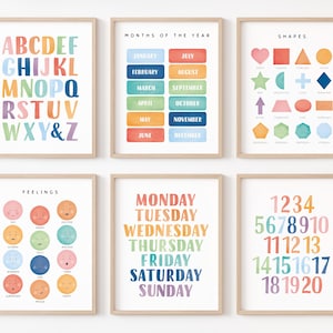 Set of 25 Educational Posters, Montessori Classroom Decor, Toddler Playroom, Rainbow Nursery Prints, Homeschool Art, Digital Download, Rainbow ABC Print, Alphabet Poster, Body Parts, Colors Learning Poster, Count to 100 Print, World Map For Kids, Moon Phases, Telling the Time, Feelings Poster, Watercolor Shapes Poster, Insects Poster, Safari Animals, Rainforest Animals, Farm Animals, Rainbow Numbers Poster.
