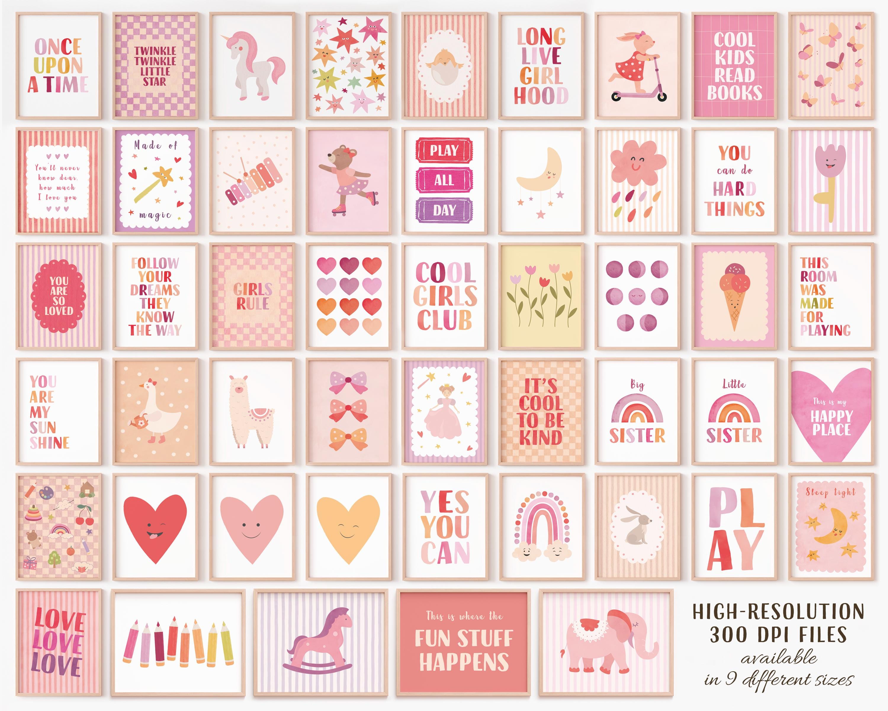 50 Girls Room Wall Art Prints Bundle – Pink Nursery Decor Set, Kids ...