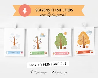 May include: Four printable flash cards featuring illustrations of the four seasons: winter, spring, summer, and fall. Each card depicts a tree with seasonal elements, such as snow, flowers, sunshine, and leaves. The cards are labeled with the season name and are ready to print.