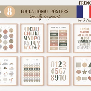 Ensemble de 8 affiches éducatives françaises, impressions d'école à la maison, décor de salle de classe Montessori, décor neutre pour enfants, salle de jeux pour tout-petits, téléchargement numérique