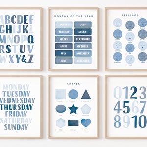 Conjunto de carteles educativos, 6 impresiones de educación en el hogar, decoración del aula Montessori, decoración de la sala de juegos azul, decoración para niños pequeños, descarga digital