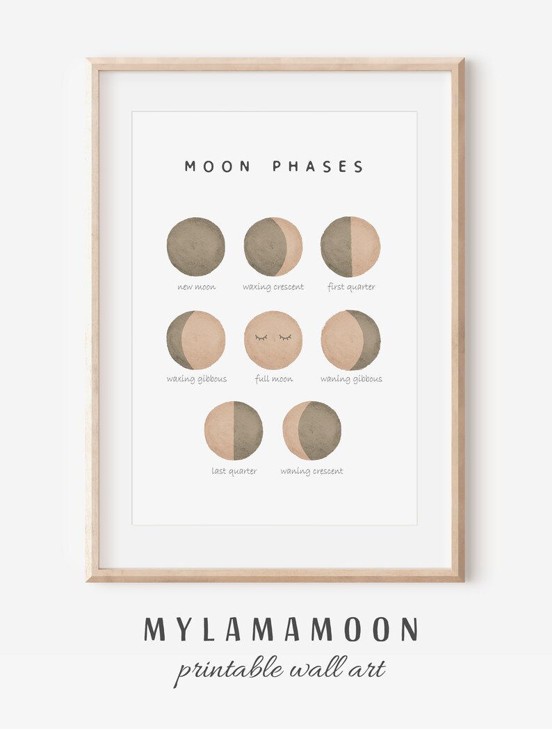 Moon phases poster, boho moon wall decor, neural moon print, educational poster, neutral playroom print, earth tones nursery wall decor.