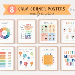 Conjunto de 8 carteles de esquinas tranquilas, gráfico de sentimientos, zonas de regulación, salud mental, decoración de la oficina de terapia, psicología escolar, descarga digital