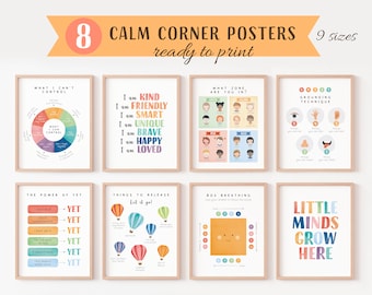 Set of 8 Calm Corner Posters, Feelings Chart, Feelings Scale, Mental Health, Therapy Office Decor, School Psychology, Digital Download