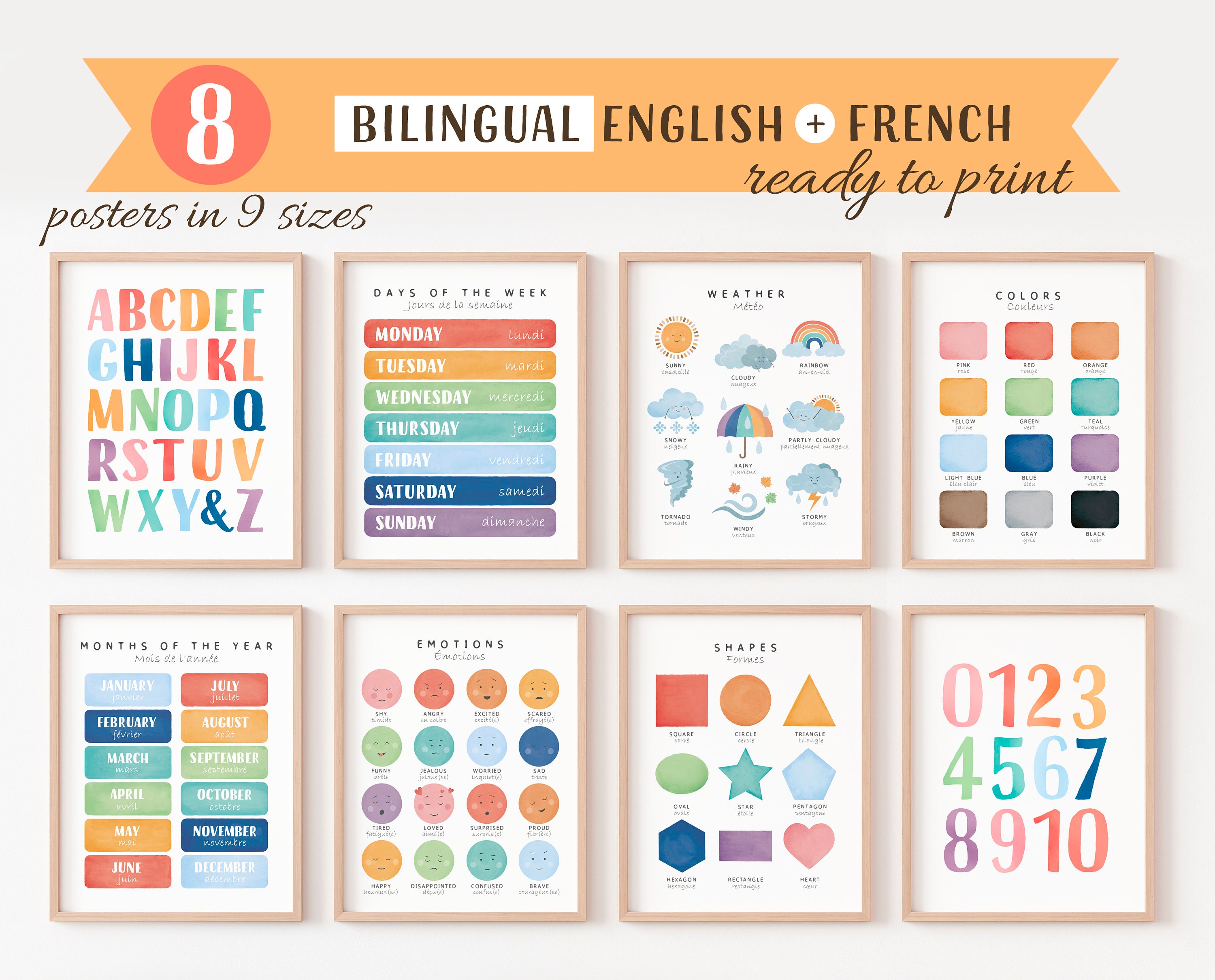 8 Bilingual French Educational Posters, Rainbow French Posters, Set of 8 Educational Posters,  Homeschool Printables, Digital Download