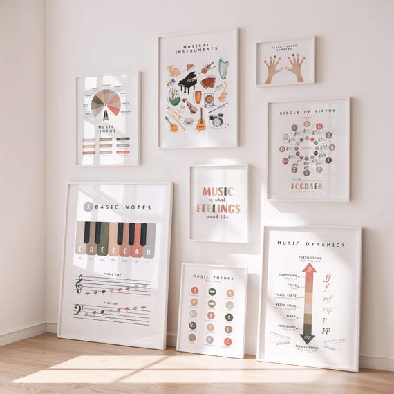 Neutral Music Posters Set of 8 – Music Theory Wall Art for