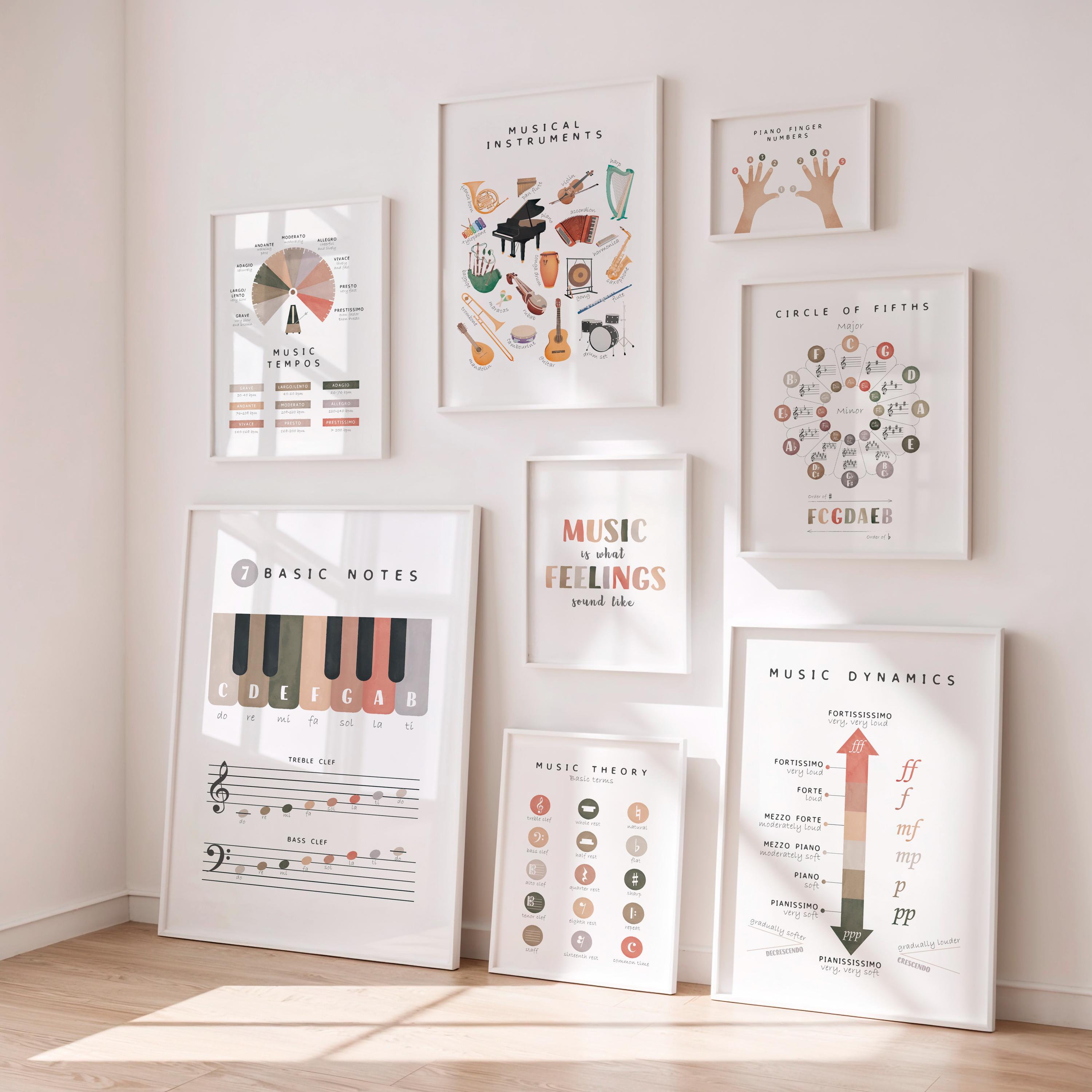 Neutral Music Posters Set of 8 – Music Theory Wall Art for