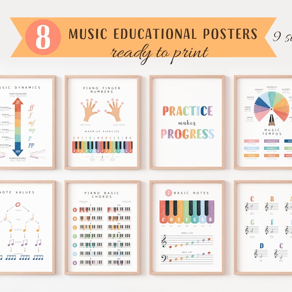 Set Of 8 Music Educational Posters, Music Theory Posters, Piano Notes and Finger Numbers Poster, Rainbow Musical Print, Digital Download