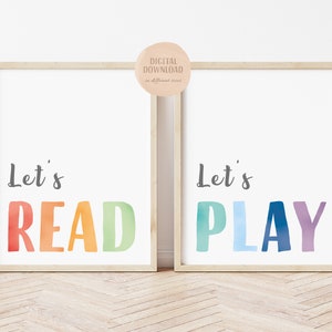 Set of 2 Prints, Rainbow Playroom Decor, Let's Play, Let's Read, Toddler Wall Art, Homeschool Decor, Nursery wall art, Digital Download image 2