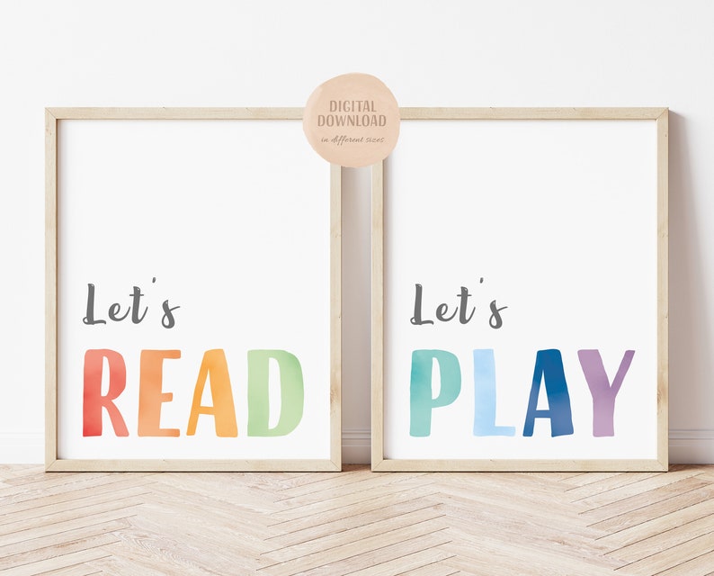 Set of 2 Prints, Rainbow Playroom Decor, Let's Play, Let's Read, Toddler Wall Art, Homeschool Decor, Nursery wall art, Digital Download image 2