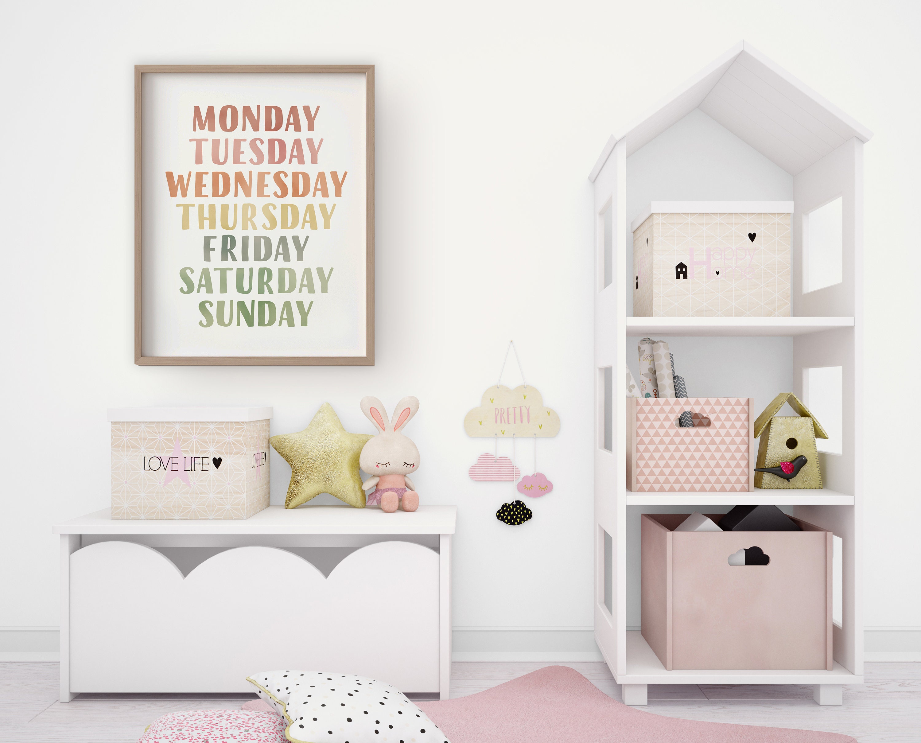 Poster Giorni Della Settimana Per Bambini - Set Di 2 Stampe Su Tela Per Asilo E Cameretta, 30x40cm