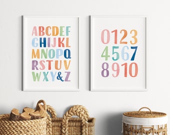 Homeschool Educational Posters, Watercolour ABC Poster, Rainbow Numbers Print, Rainbow Wall ART, Kids Room Decor, Digital Download