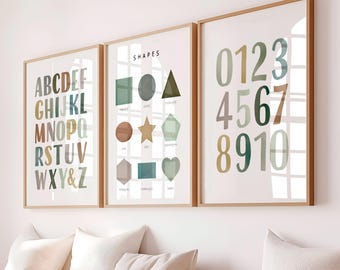 Posters bohèmes pour chambre d'enfant : alphabet, chiffres, formes (téléchargement numérique)