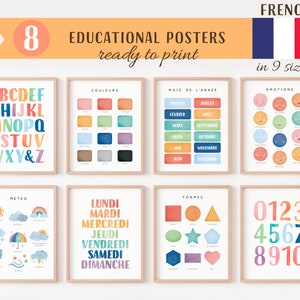 Ensemble de 8 affiches éducatives françaises, impressions d'école à la maison, décor de salle de classe Montessori, décor d'enfants arc-en-ciel, salle de jeux pour tout-petits, téléchargement numérique