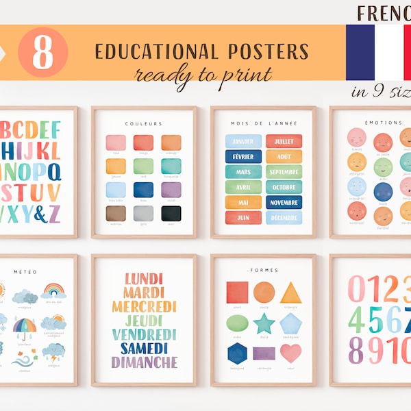 Set Of 8 French Educational Posters, Homeschool Prints, Montessori Classroom Decor, Rainbow Kids Decor, Toddler Playroom, Digital Download