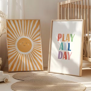 Set of 2 Rainbow Playroom Posters, Sun Nursery Poster, Watercolor Nursery Decor, Play All Day, Watercolor Sun Print, Digital Download N103