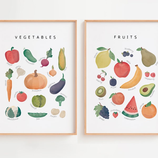 Posters éducatifs sur les légumes et les fruits, Décoration de salle de classe, Poster aquarelle de légumes, Décoration murale arc-en-ciel pour chambre de bébé, Matériaux Montessori