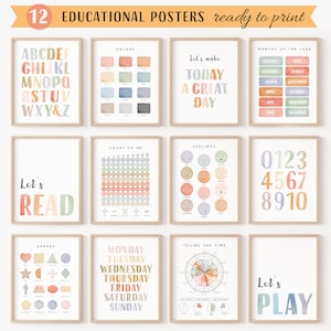 Pastell Lernposter Set, 12 Homeschool Drucke, Montessori Klassenzimmer Dekor, Regenbogen Kinder Dekor, Kleinkind Spielzimmer, digitaler Download