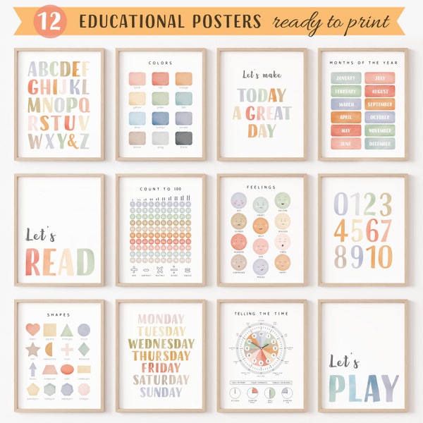 Pastell Lernposter Set, 12 Homeschool Drucke, Montessori Klassenzimmer Dekor, Regenbogen Kinder Dekor, Kleinkind Spielzimmer, digitaler Download