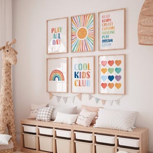 6er Set Spielzimmer Poster, Aquarell Sonne Poster, Kinderzimmer Wand Dekor, Kleinkind Spielzimmer, Regenbogen Kinderzimmer, Mädchenzimmer, digitaler Download, N87