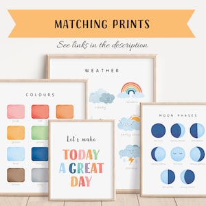 Pu&ograve; includere: Set di sei stampe d'arte da parete stampabili per la cameretta di un bambino. Le stampe presentano illustrazioni di colori, tempo, fasi lunari e una citazione motivazionale. Le stampe sono in stile minimalista con sfondo bianco e illustrazioni colorate.