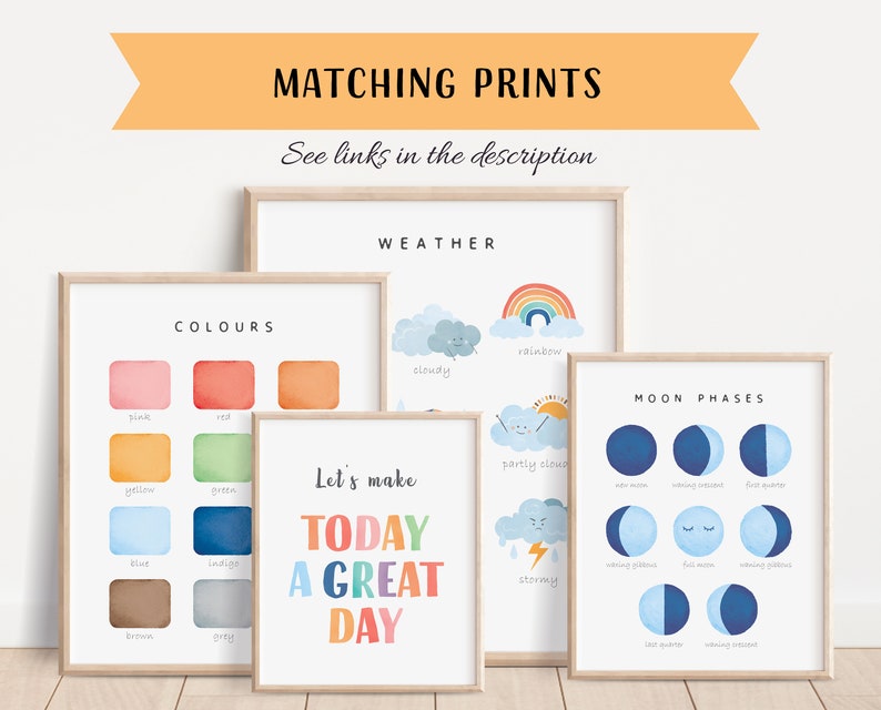 Pu&ograve; includere: Set di sei stampe d'arte da parete stampabili per la cameretta di un bambino. Le stampe presentano illustrazioni di colori, tempo, fasi lunari e una citazione motivazionale. Le stampe sono in stile minimalista con sfondo bianco e illustrazioni colorate.