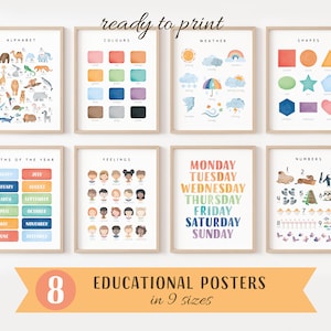 Lot de 8 affiches éducatives arc-en-ciel pour enfants, imprimables d'apprentissage aquarelle, lot d'art mural salle de jeux et chambre d'enfant, téléchargement numérique