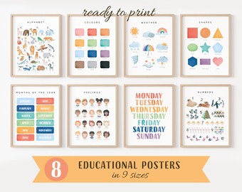May include: Eight educational posters for children, featuring colorful illustrations of the alphabet, colors, weather, shapes, months of the year, feelings, days of the week, and numbers. The posters are ready to print in nine sizes.