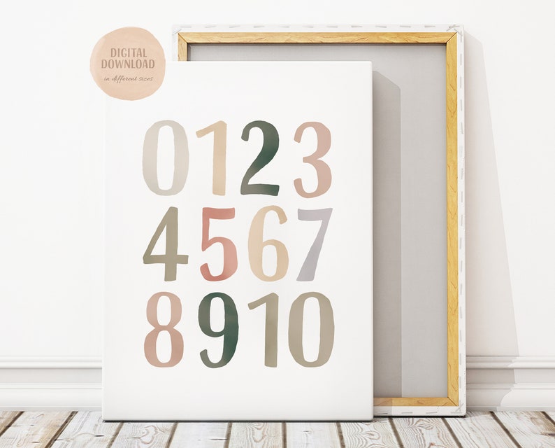 May include: A printable wall art design featuring the numbers 0-10 in a colorful, hand-drawn style. The numbers are in various shades of pink, brown, and green.