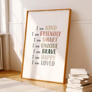 Daily Affirmations Poster, Mental Health, Therapy Office Decor, Classroom Decor, Neutral Playroom Wall Art, Growth Mindset, DIGITAL DOWNLOAD