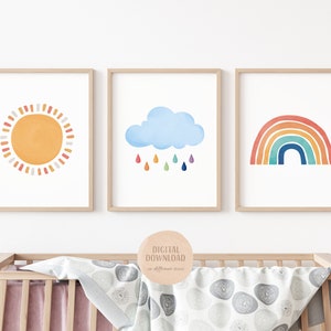 Rainbow Playroom Prints, Set di 3 poster, Acquerello Nursery Prints, Nursery Wall Art, Sole, Nuvola, Rainbow Wall Art, Download digitale