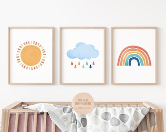 Rainbow Playroom Prints, Set van 3 posters, Aquarel Kwekerij Prints, Nursery Wall Art, Zon, Cloud, Rainbow Wall Art, Digitale Download